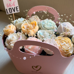 Miself elegant floral candle bouquet in a pastel pink basket – perfect birthday gift for her